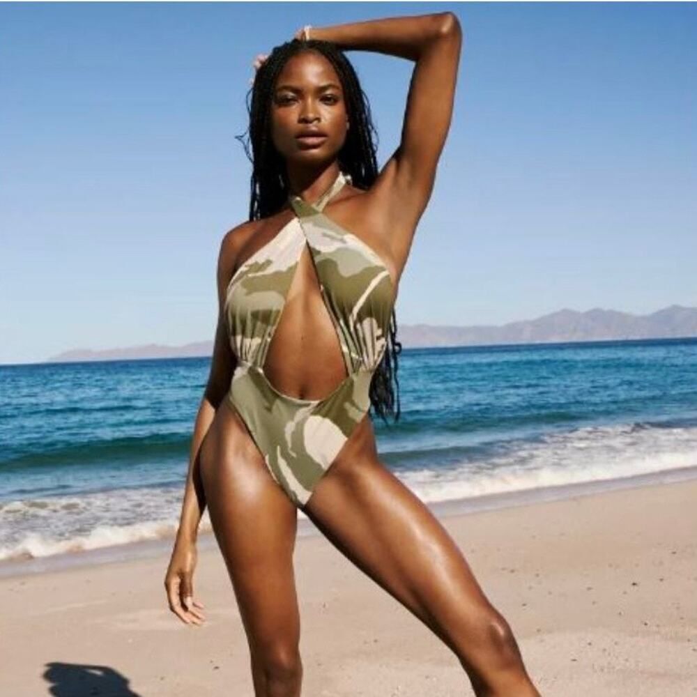 NWT‎ Out From Under x UO Green Camo Lucia Wrap One-Piece Swimsuit Size Medium